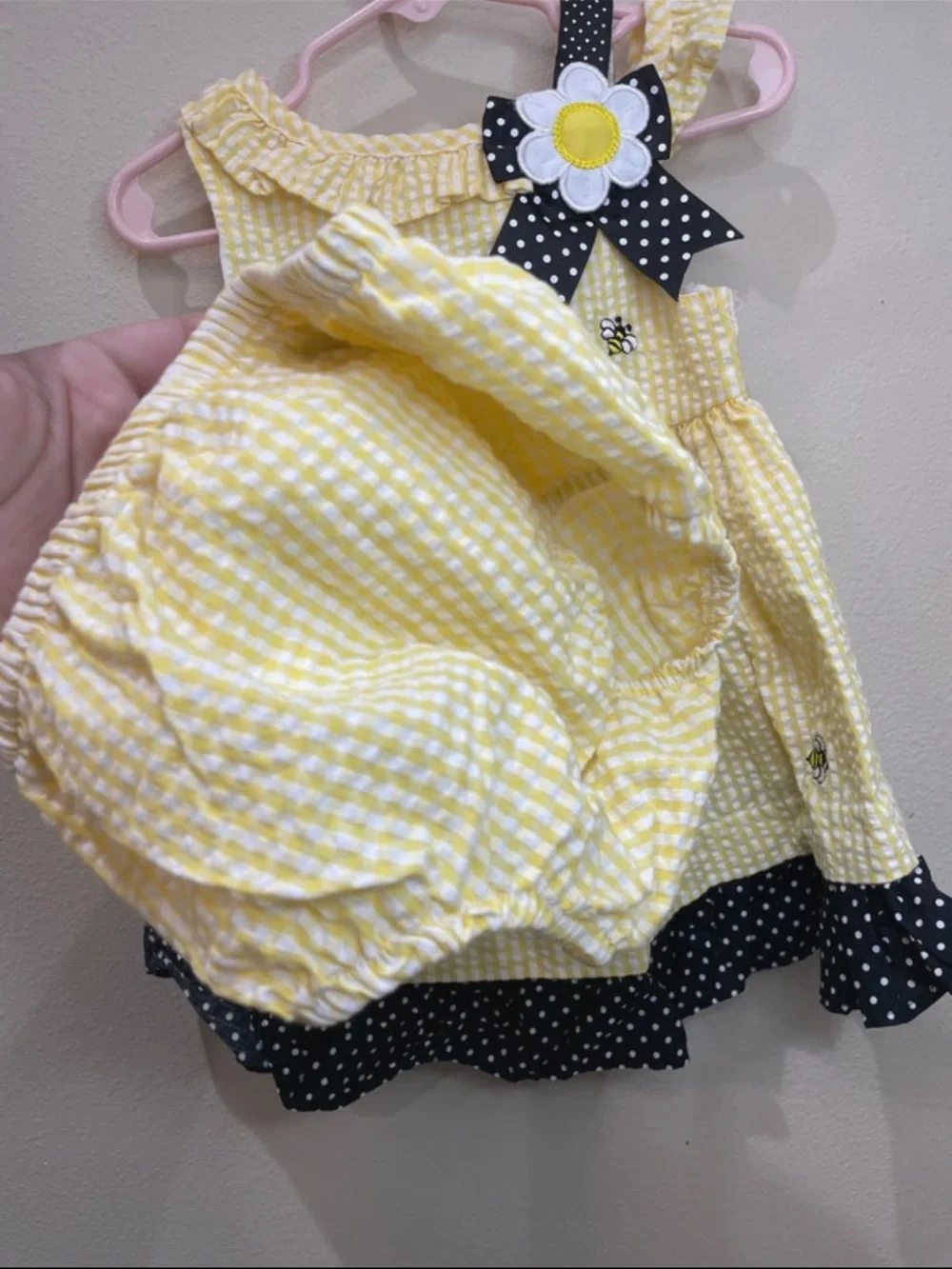 Girls Yellow Gingham Bee Dress with Navy Polka Dot Trim